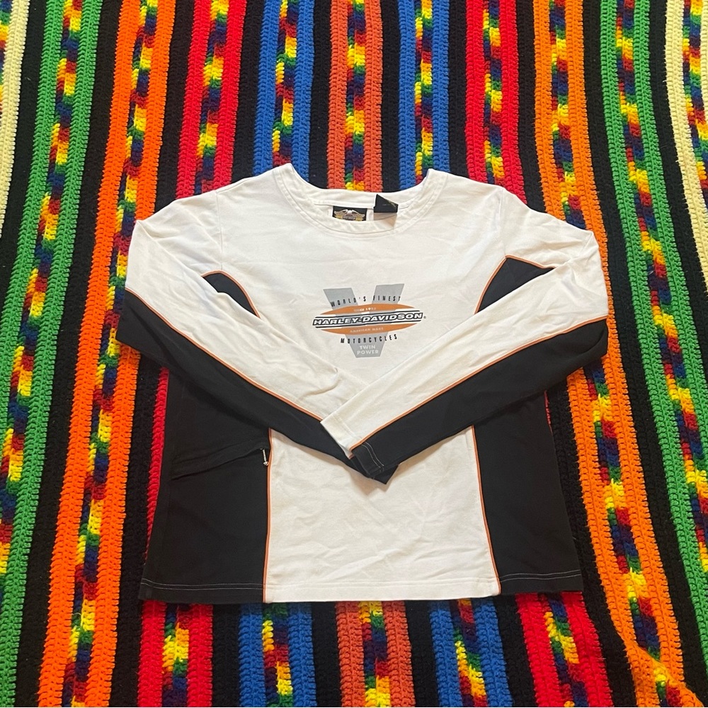 Vintage Y2K Harley Davison orange black white sweatshirt styled T-shirt